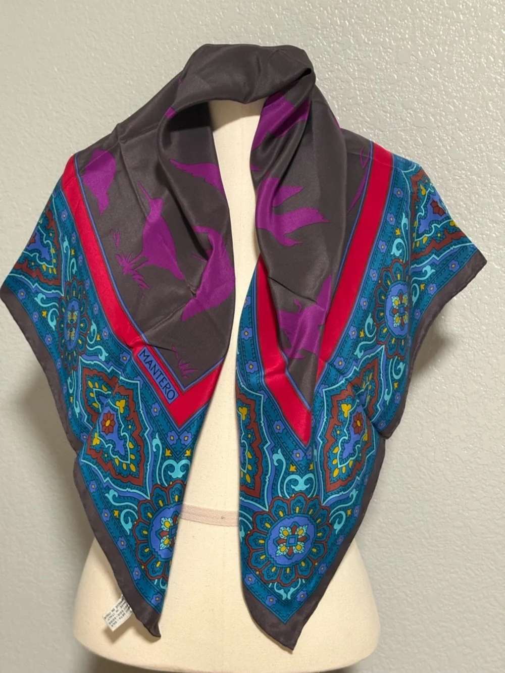 Mantero Multicolor Silk-Feel Square Scarf — Teal, Purple & Red Accents